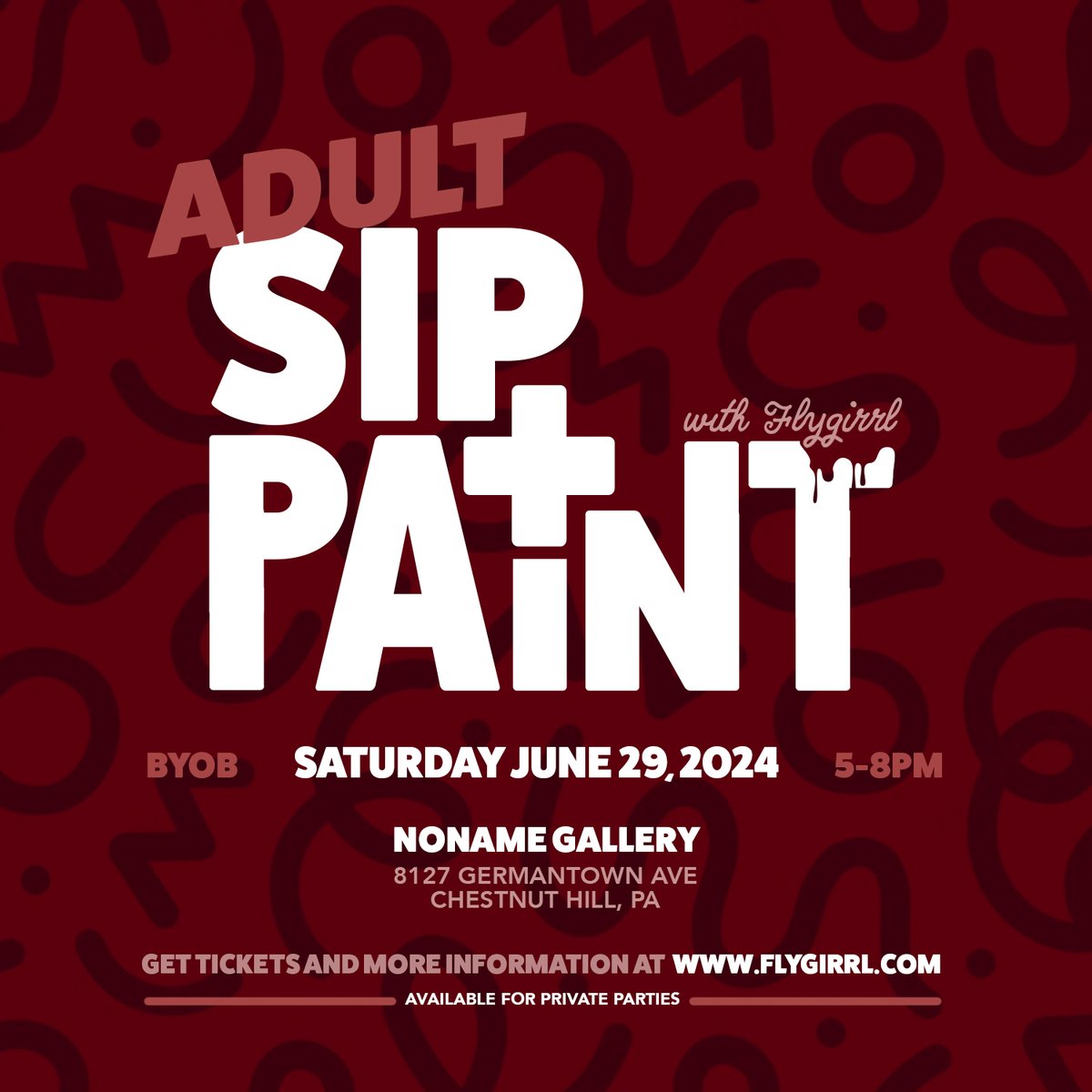 Sip + Paint with me! You don't need any skills to join the fun! Tuesday June 11 at Victory Brewing and Saturday June 29 at NoName Gallery! Reserve your canvas and let's make some beautiful Art! flygirrl.com/events