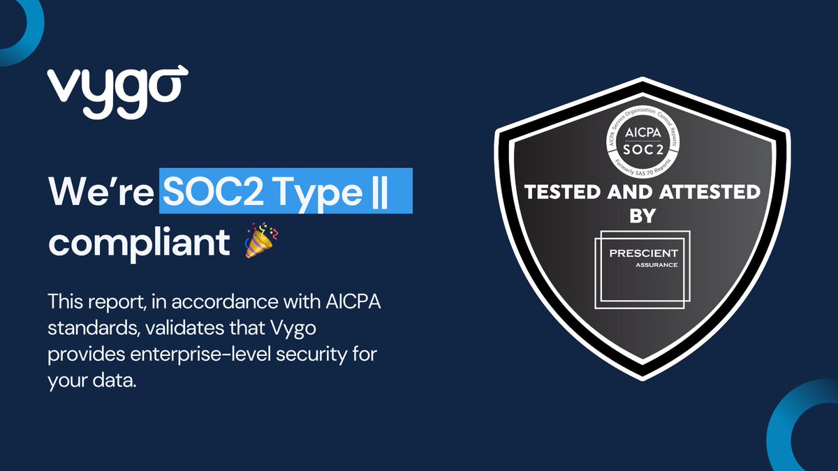 🔒 We're thrilled to announce Vygo is now SOC2 Type II compliant!

 Learn more about our commitment to data security and integrity on our blog: bit.ly/3RgfGjg 

#Vygo #SOC2Compliance #DataSecurity #edtech