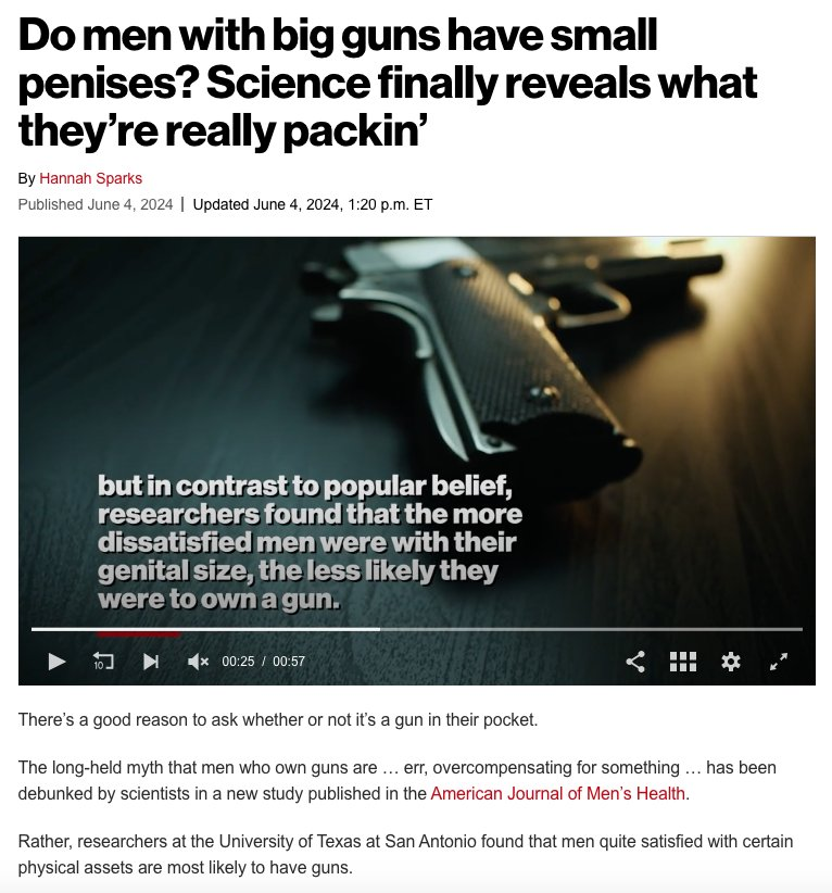 The next time a leftist anti-gun twit whips out the ancient dunk 'you own guns because you have a small penis', show them this study. I've never understood why leftist lunatics are so enamored with gun owners' junk.