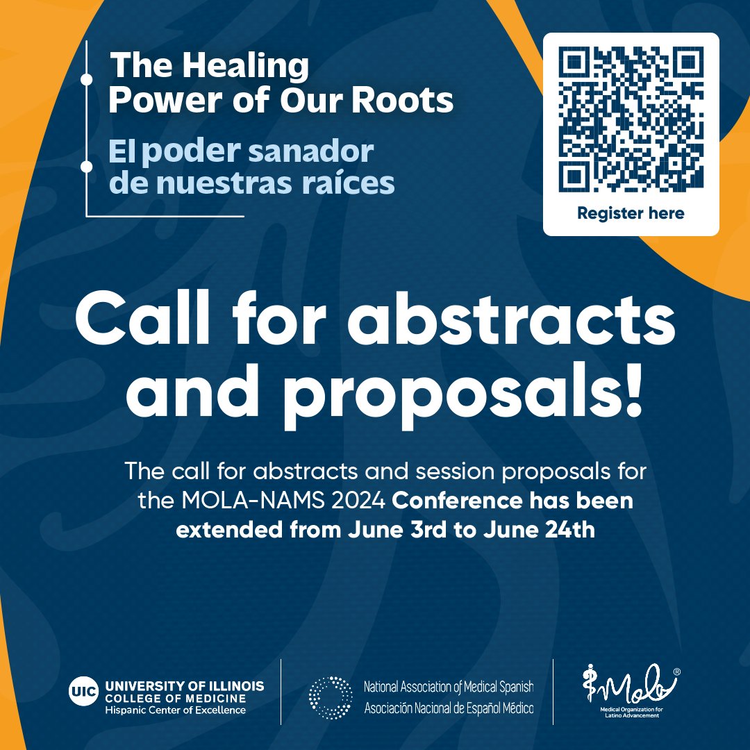 chicagomola's tweet photo. Great news! We have extended the deadline for submitting your abstract or proposal (in English or Spanish) for the 2024 MOLA-NAMS Annual Conference to June 24th.

More info: https://t.co/n28nGpa3w5

 #MOLAHealth #NAMS #Latinxs https://t.co/LJKg6nDme0