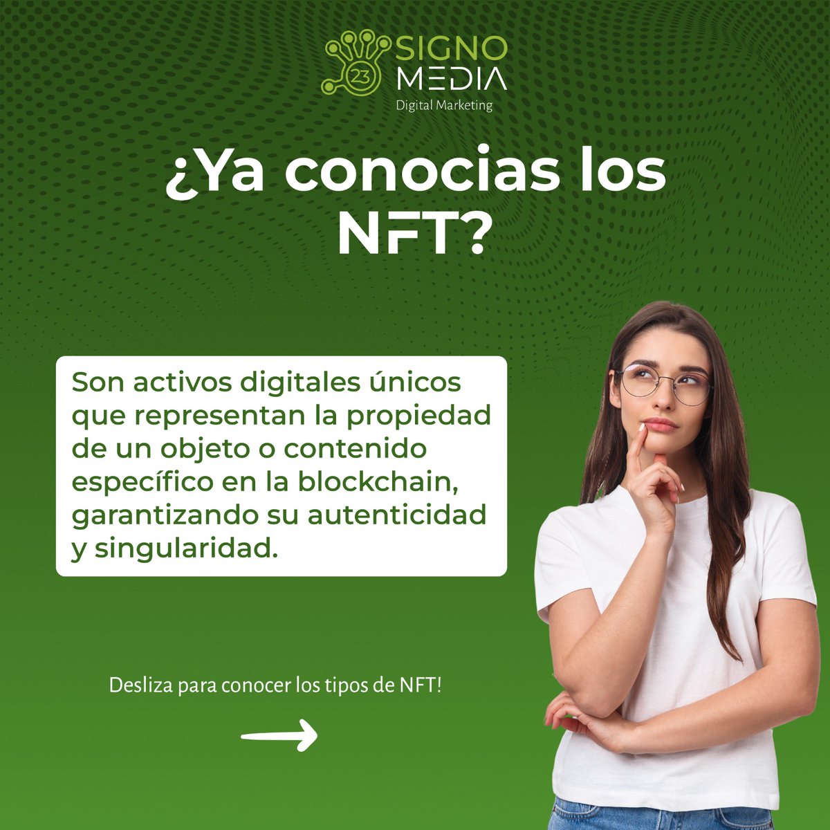SignoMedia's tweet photo. ¿Conocías los NFTs? 🌐✨ Los NFTs, o tokens no fungibles, están revolucionando el mundo digital. ¡Descubre los tipos de NFTs aqui! 

#marketingdigital #tokens #nfts https://t.co/Vbw5h3G8uu