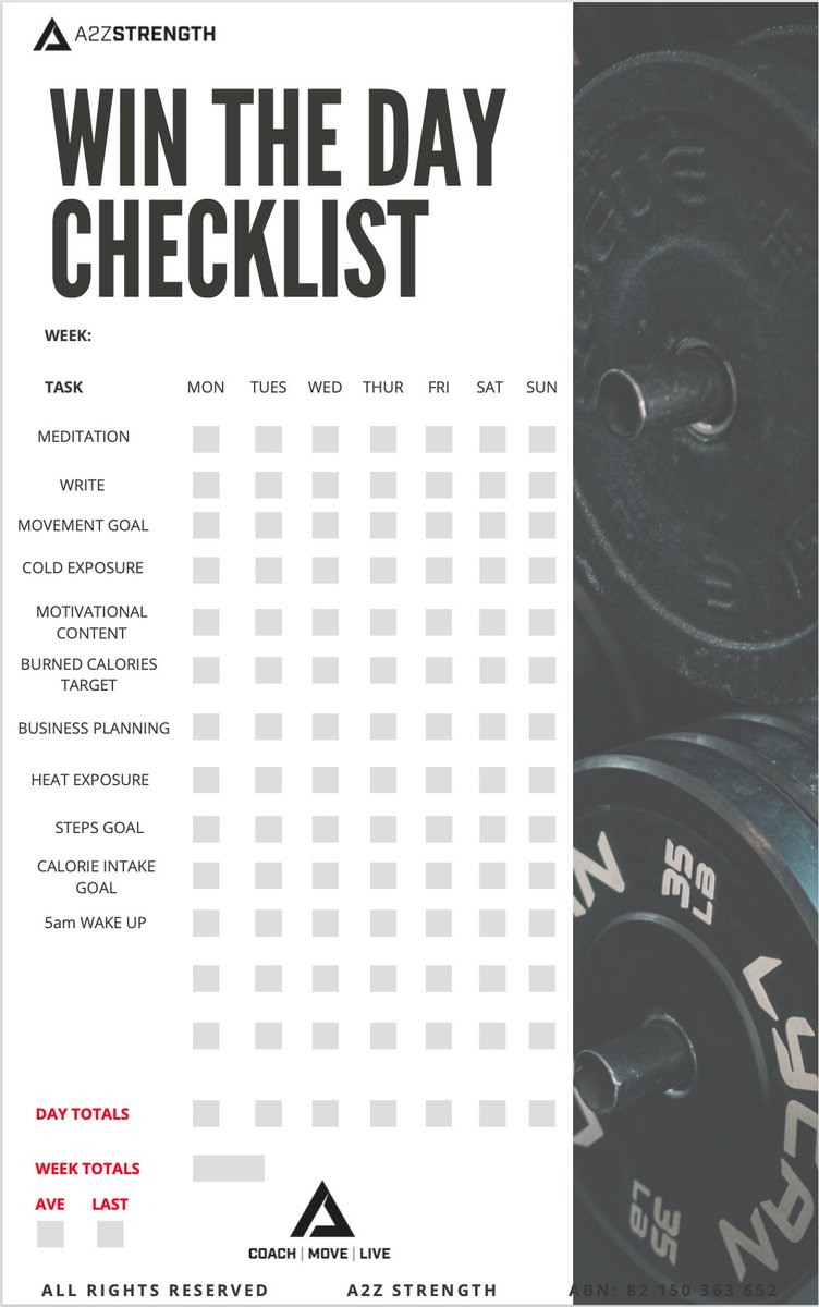 a2z_strength's tweet photo. I've really let my routines around health slip these last few months;
 
I've gone from working in a Pro Sport, world class training center with  all the mod cons, training 5-7 times / week, constantly moving, burning a  shit tonne of calories and walking close to 20,000 steps a day;
 
to nothing.......
 
Absolutely nothing! 
 
And I feel it,
 
So, things need to change,
 
I need to make myself accountable to what I want to achieve.
 
So I made myself a check list,
 
What I call the 'Win The Day Checklist'
 
Why?
 
Because when I've completed one of these things, I feel like I'm winning  in life, I love the feeling of being productive and getting stuff done,  and I'm doing things that I truly value.
 
In other words, as I tick off things, I'm 'winning the day', and we all what that feeling don't we?
 
 So now, I have this  sheet printed off on my fridge as we speak, I see it every day, and  it's a great feeling to tick things off, it's all about creating  momentum!