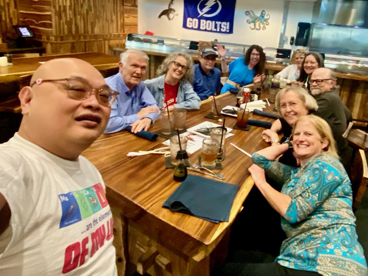 DrHolley's tweet photo. Dining Out Night: One of the best events at the AP Reading. Had a great time with great chemistry friends! Let's all do this again next June! #APReading #Chemistry @CummingsLinda Thanks also to Harpoon Harry's in Tampa! @KSpaceAcademy @Amy_Boughton @AP_Trevor https://t.co/6EdbZhOoJ3