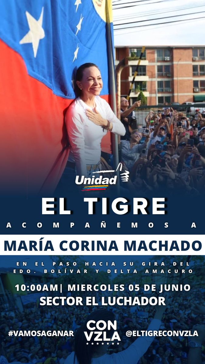 LuisCordovaPER's tweet photo. El Tigre, al sur del Estado Anzoátegui, dará grandioso recibimiento a María Corina HOY miércoles 5 de junio, 10 am, sector El Luchador; a su paso hacia los Estados Bolívar y Delta Amacuro

@CordovaLuis28 @MariaCorinaYA @EdmundoGU @omargonzalez6 @esmirnajimenez @FaustoLandeaux https://t.co/9PmCStHsBs