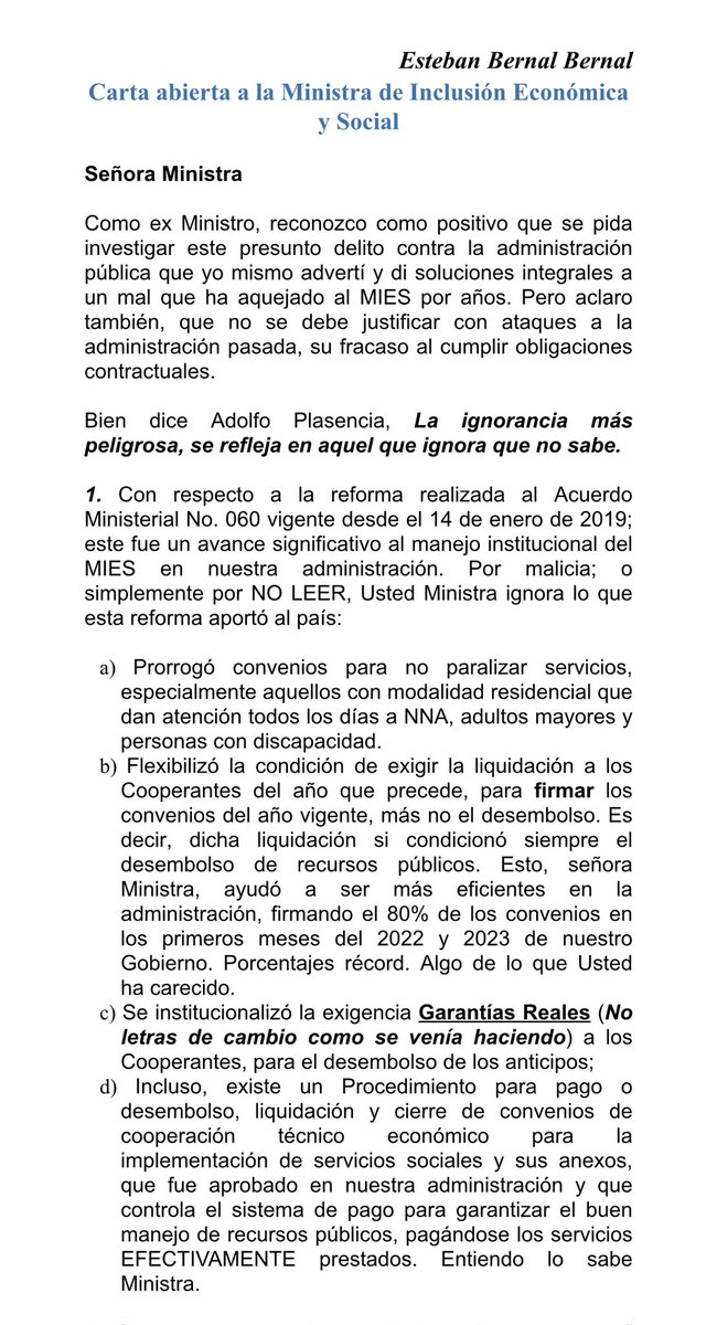 EstebanBernalB's tweet photo. Carta Abierta a la Ministra de @InclusionEc @zaidarovira 

Cc:
@DanielNoboaOk 
@FiscaliaEcuador 
#MediosDeComunicación
@CarlosVerareal 
@teleamazonasec 
@radioplatinumec 
@RADIOAMERICAEC 
@radioi99 
@radiosonorama 
@radioquitoec 
@antenaunofm https://t.co/3aqYzIA7wk