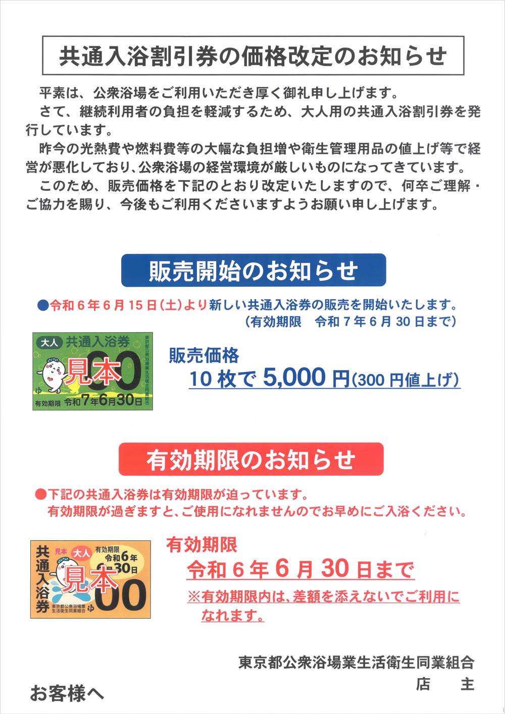 10枚 有効期限 令和5年6月30日 東京都公衆浴場入浴券 共通入浴券