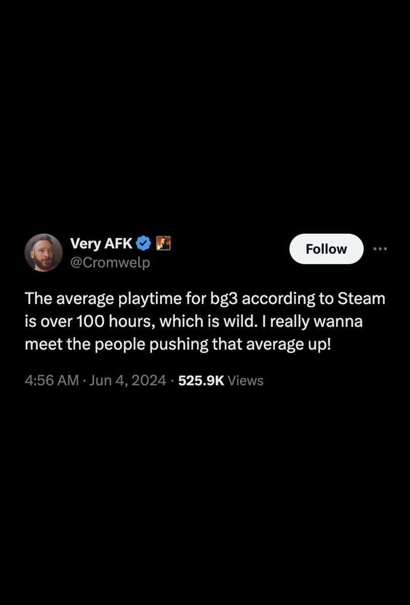 Dexerto's tweet photo. Employee at Larian Studios says the average playtime for Baldur’s Gate 3 on PC is over 100 hours according to their Steam Data https://t.co/KgrMEYRbLa