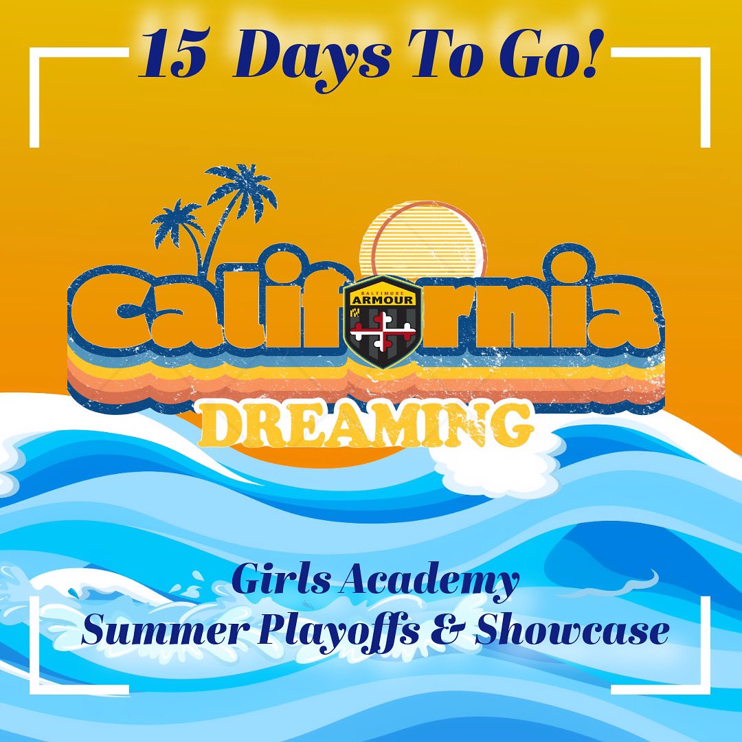 ☀️🌊⚽️So excited for the Girls Academy Summer Playoffs and Showcase in 1️⃣5️⃣ more days! 

🏅Playoffs: The ‘07’s and the ‘10’s
😊 Showcase: The ‘08’s and the ‘09’s
<a href="/bmorearmour/">Baltimore Armour</a> <a href="/GAcademyLeague/">Girls Academy</a> <a href="/BaltNGSoccer/">Baltimore's NextGen</a>