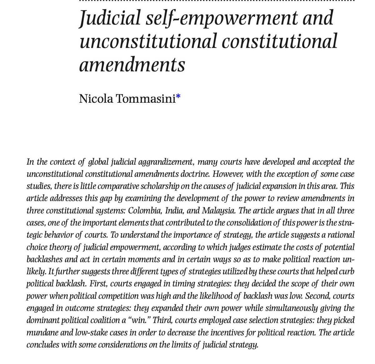 International Journal of Constitutional Law (@icon_journal) on Twitter photo Why do courts accept the unconstitutional constitutional amendments doctrine?
<a href="/NTommasini1/">Nicola Tommasini</a> (<a href="/OxfordLawFac/">Faculty of Law</a>) answers this question by comparing the evolutions in Colombia, India, and Malaysia.
A super interesting article, OA in ICON:
academic.oup.com/icon/article/2… Why do courts accept the unconstitutional constitutional amendments doctrine?
<a href="/NTommasini1/">Nicola Tommasini</a> (<a href="/OxfordLawFac/">Faculty of Law</a>) answers this question by comparing the evolutions in Colombia, India, and Malaysia.
A super interesting article, OA in ICON:
academic.oup.com/icon/article/2…