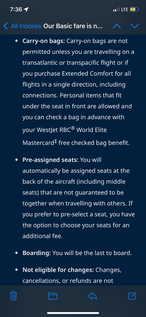 paislancaster's tweet photo. Kudos to @WestJet marketing team on this strategy;

“Introducing our newest fares, let us tell you how much they absolutely SUCK and you will be treated like the peasant you are when you purchase these tickets”. 

Next fee will be an additional cost to breathe the air onboard. https://t.co/kKamDk0YQT