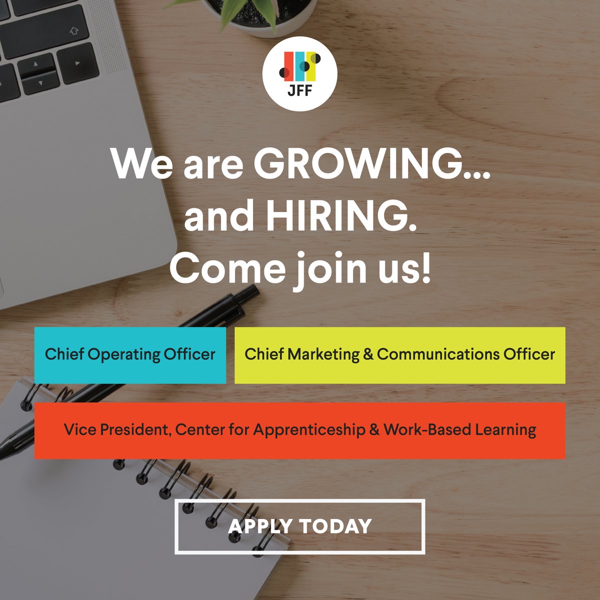 jfftweets's tweet photo. Exciting Opportunities!  

Are you a leader deeply committed to transforming our #workforce and #education systems to drive our economy and help every worker get a quality job?

If so, learn more about our Chief Operating Officer and Chief Marketing & Communications Officer roles at https://t.co/OeoKCHs66j and apply today! #Jobs #WeAreHiring #Hiring #JFFNorthStar