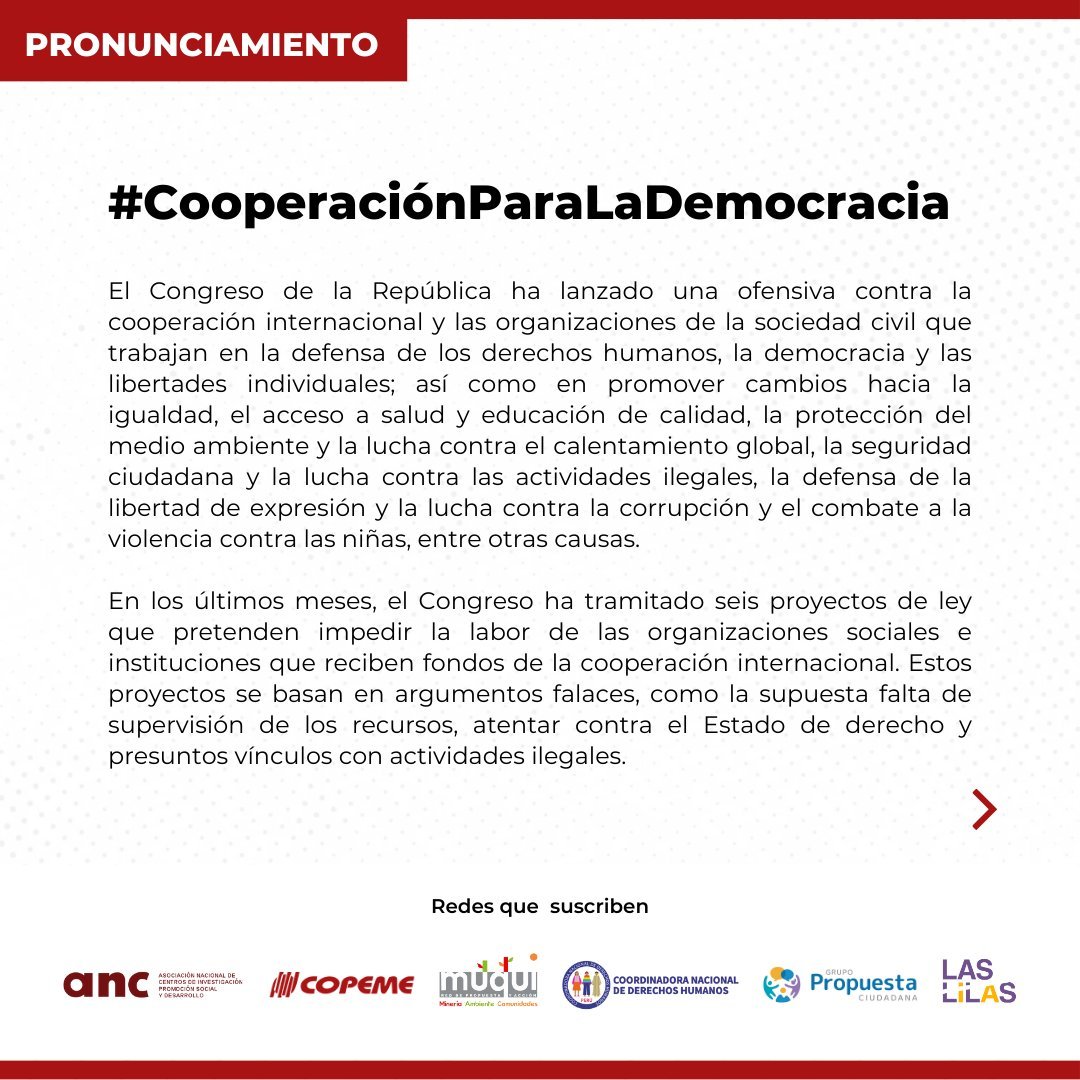 ipsi_pe's tweet photo. Desde el @IpSI_pe alertamos que el @congresoperu pretende afectar la #CooperaciónParaLaDemocracia.   

📌Si estás de acuerdo con la protección de los derechos de asociación y defensa de la democracia, firma la petición 📷 https://t.co/nGAqRQfBuR https://t.co/ISrcf7bqKG