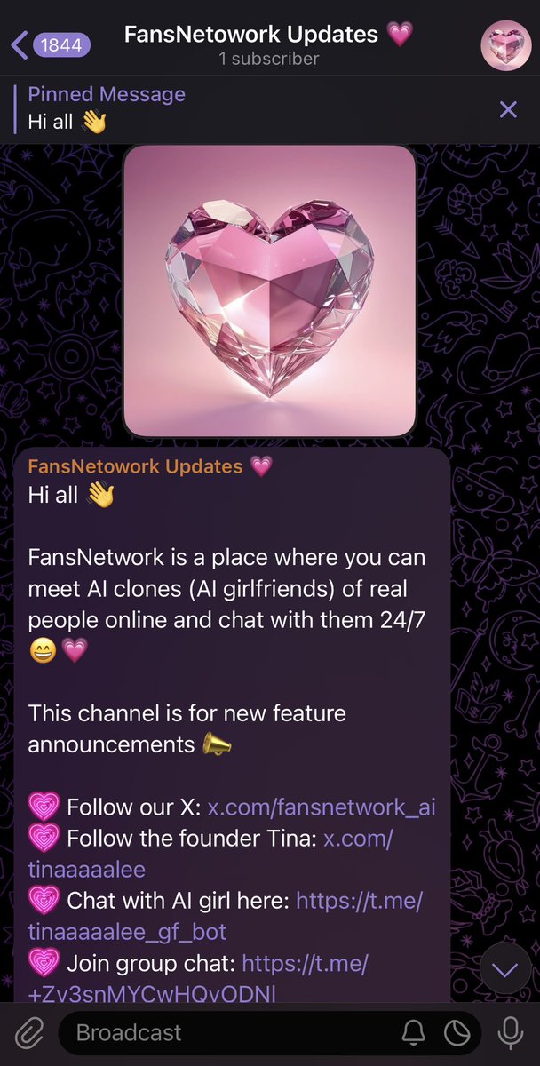 Opened an announcement channel for <a href="/fansnetwork_ai/">FansNetwork 💗</a> 

💗 Can subscribe to new feature updates here: t.me/fansnetwork