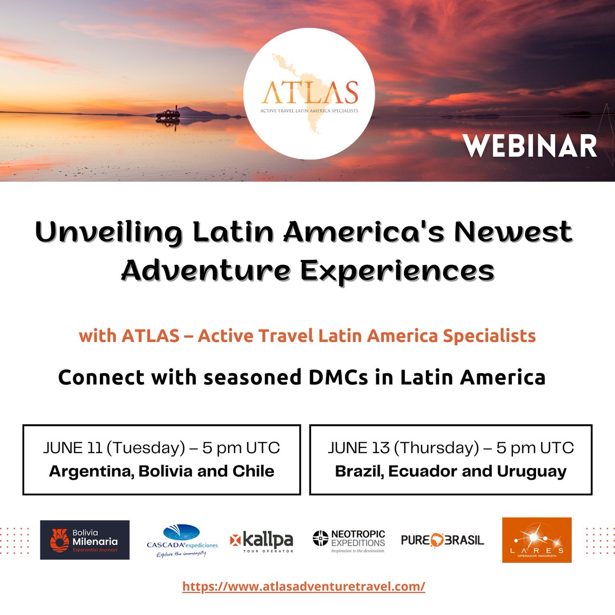 AtlasTravelLAT's tweet photo. We are excited to invite you to our inaugural webinar series, Unveiling Latin America's Newest Adventure Experiences!
Register on links: https://t.co/mV9ZuTqgpC

@pure_brasil @grandbolivia @cascada_travel https://t.co/bbBO6tXwgP