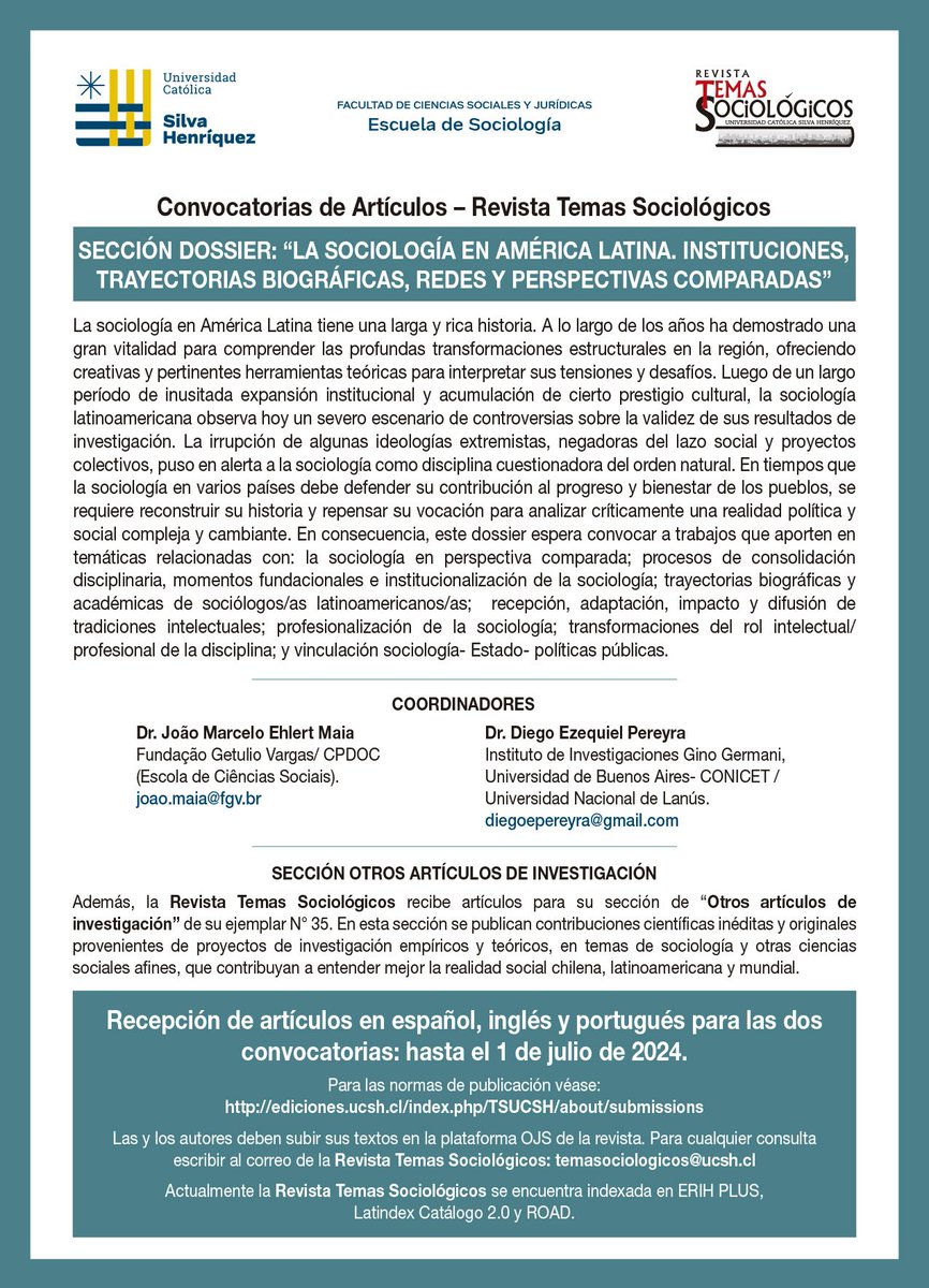 smsociologia's tweet photo. Convocatoria de artículos:
Revista Temas Sociológicos.
Dossier: La sociología en América Latina. Instituciones, trayectorias biográficas, redes y perspectivas comparadas.
👇
https://t.co/SwhFkU8UgM https://t.co/Aryh5LHgZz