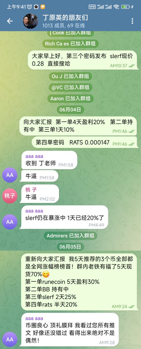 大家早上好，建群5天，3个币全部涨幅榜头部，免费群现货70%收益，丁某向大家交差！如果三五个点也称为暴涨的话，我相当于5天喊了20遍！
不欺骗、不乱买、高命中率，请多指教，我是中国丁原英🫡🇨🇳
6月是本轮牛市建仓的极少机会，付费群窗口还剩25天
  #RUNECOIN #RSIC  #SLERF  #RATS