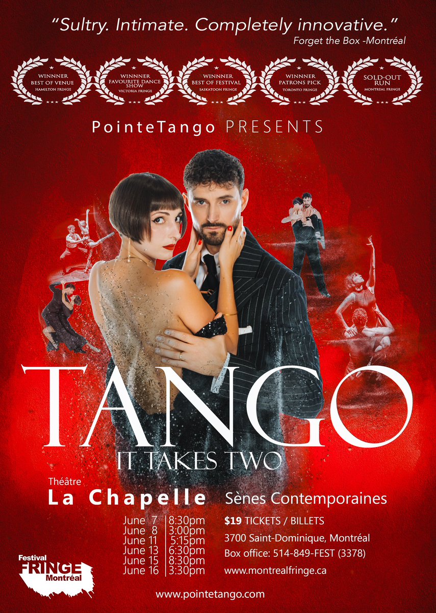 📣The World Premiere of “Tango, It Takes Two” is this Friday, June 7th at the <a href="/fringemtl/">FringeMontreal</a> ‼️

🎟️19$ tickets/billets👉montrealfringe.online.red61.ca/event/2030:437/

Friday June 7, 8:30pm
Saturday June 8, 3pm
Tuesday June 11, 5:15pm
Thursday June 13, 6:30pm
Saturday June 15, 8:30pm
Sunday June 16, 3:30pm