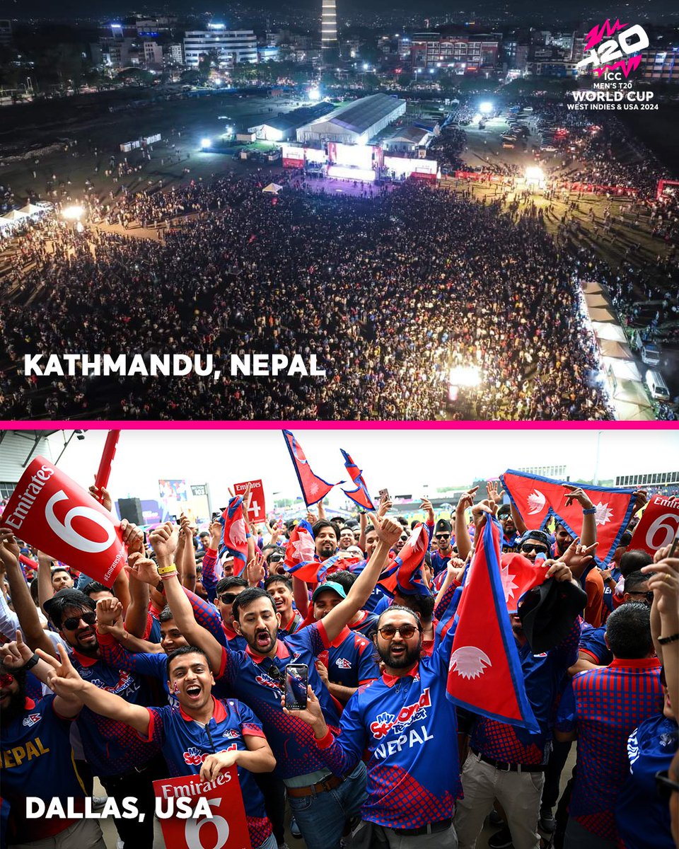 Night and day, Kathmandu to Dallas, Nepal fans across the world 🇳🇵🌏

#T20WorldCup | 📸 KTM image: Nepal Press