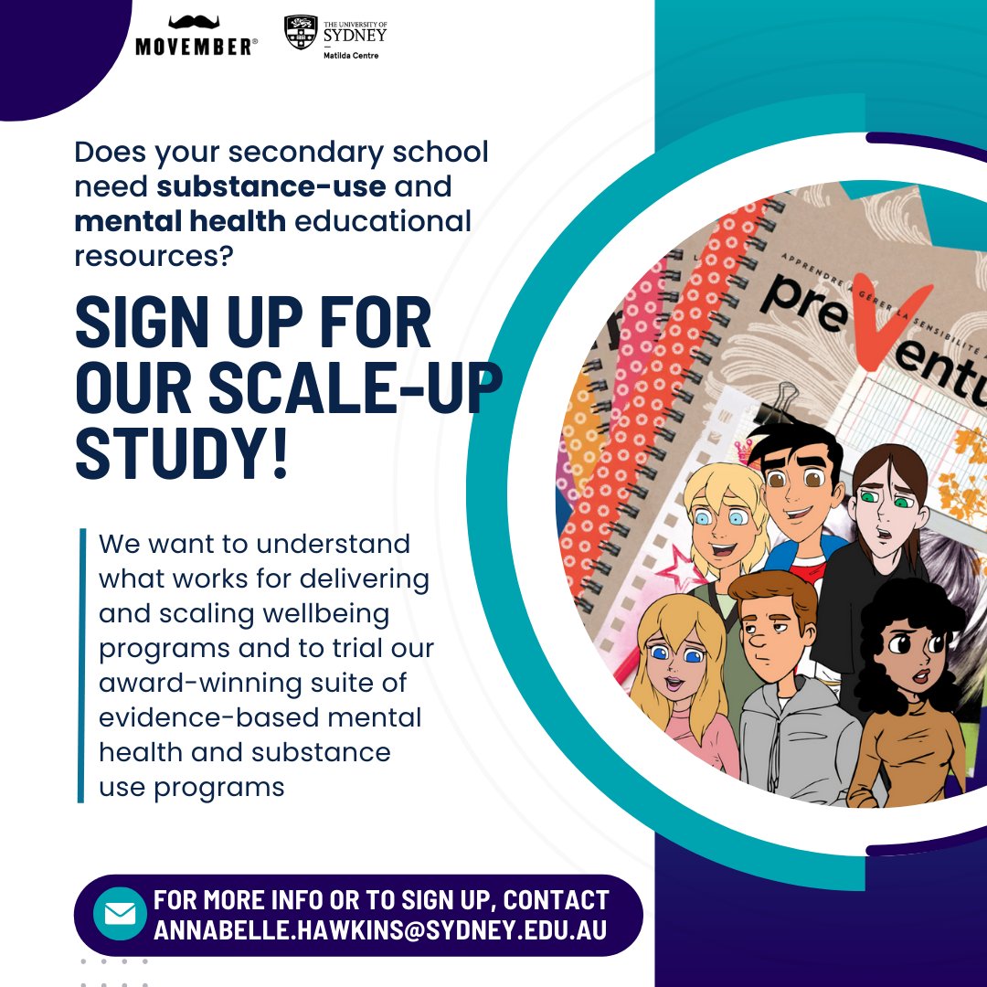 The Matilda Centre (@thematilda_usyd) on Twitter photo Looking for a new and innovative way to promote and enhance mental health and wellbeing at your school?
We’re recruiting schools to deliver the @ourfuturesinst and Preventure modules in 2024.
Learn more and join:  redcap.sydney.edu.au/surveys/?s=W3C… Looking for a new and innovative way to promote and enhance mental health and wellbeing at your school?
We’re recruiting schools to deliver the @ourfuturesinst and Preventure modules in 2024.
Learn more and join:  redcap.sydney.edu.au/surveys/?s=W3C…