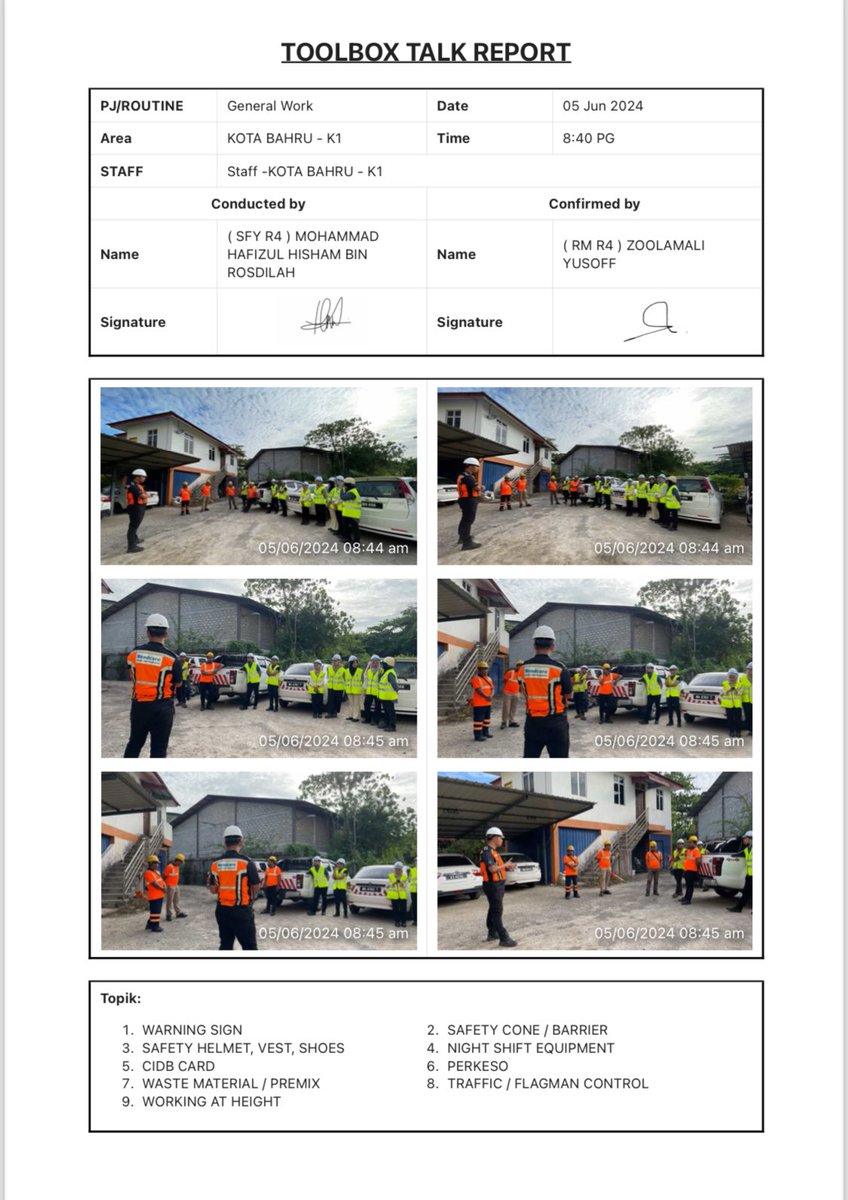 Roadcare_Safety's tweet photo. TOOLBOX BRIEFING STAFF RC KAWASAN KOTA BHARU 🚧👷🏻‍♂️

TARIKH : 05/06/2024
MASA : 8.40 AM
LOKASI : PEJABAT ROADCARE KOTA BHARU

TOPIK :

- WARNING SIGN
- SAFETY CONE / BARRIER
- PPE
- TCP
- CIDB

#TowardsSafetyCulture
@Roadcare_Kelntn 
@RC_KBharu https://t.co/knt2KHK6J1