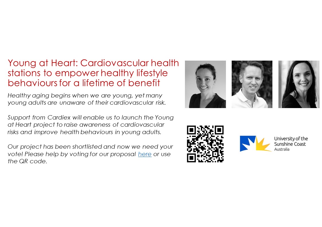 Queensland Cardiovascular Research Network (@qcvrn) on Twitter photo Congratulations to Dr Linda Gallo from
<a href="/usceduau/">UniSC: University of the Sunshine Coast</a> leading the "Young at Heart" project, a finalist in the <a href="/CardiexLimited/">Cardiex Limited</a> Arterial Research Initiative.
Vote for Linda Gallo at cardiex.com/research-conte…
Congrats to all! <a href="/chris__askew/">Chris Askew</a> <a href="/walker_meegan/">mwalker@usc.edu.au</a> <a href="/JoeScottHPE/">Dr Joe Scott</a> <a href="/DrDanWadsworth/">Dan Wadsworth</a> Congratulations to Dr Linda Gallo from
<a href="/usceduau/">UniSC: University of the Sunshine Coast</a> leading the "Young at Heart" project, a finalist in the <a href="/CardiexLimited/">Cardiex Limited</a> Arterial Research Initiative.
Vote for Linda Gallo at cardiex.com/research-conte…
Congrats to all! <a href="/chris__askew/">Chris Askew</a> <a href="/walker_meegan/">mwalker@usc.edu.au</a> <a href="/JoeScottHPE/">Dr Joe Scott</a> <a href="/DrDanWadsworth/">Dan Wadsworth</a>