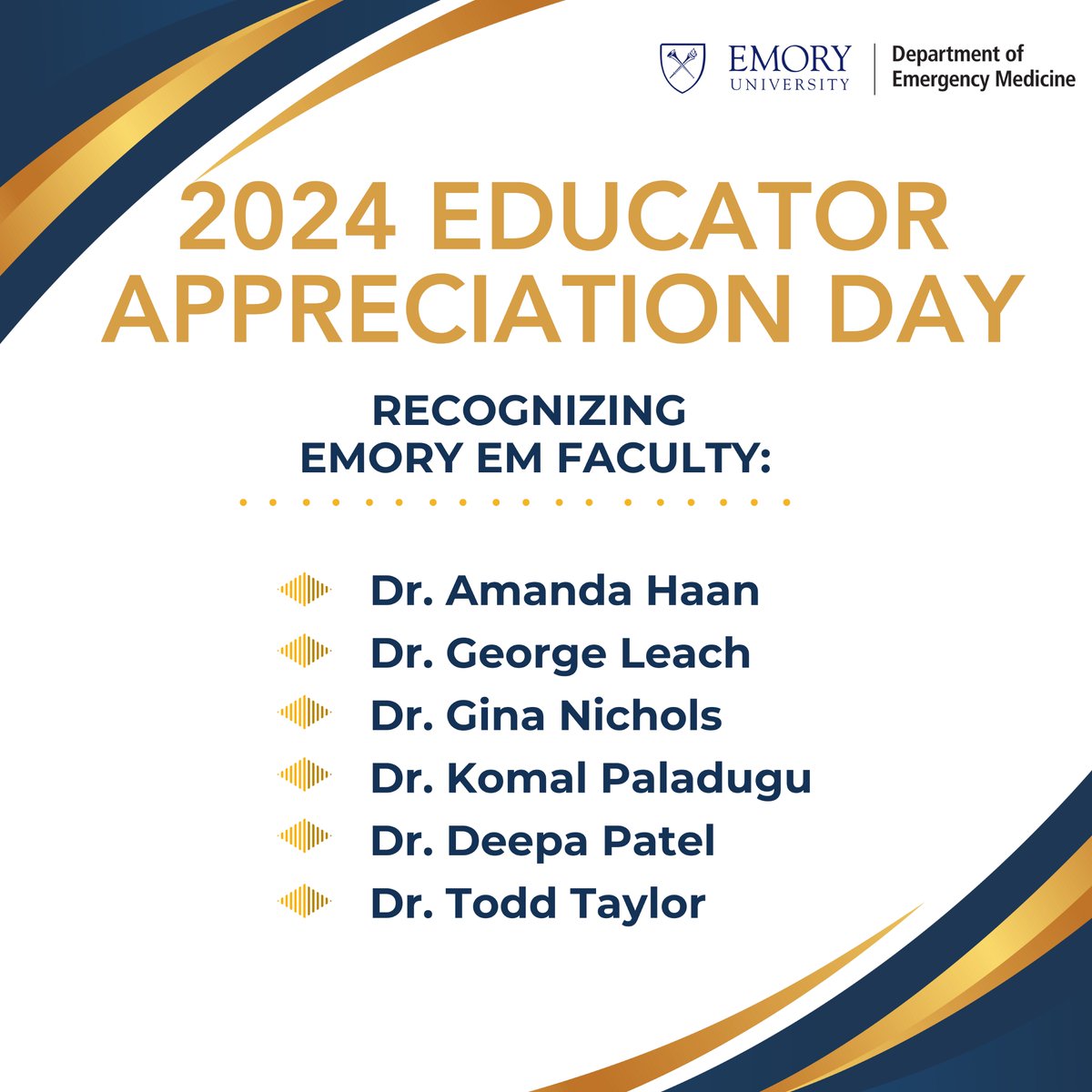 Congratulations to the <a href="/EmoryMedicine/">Emory School of Medicine</a> faculty recognized during Educator Appreciation Day👏 #EmoryEM is especially proud of Drs. Haan, Leach, Nichols, Paladugu, Patel, and Taylor.
Learn more here: med.emory.edu/about/faculty/…