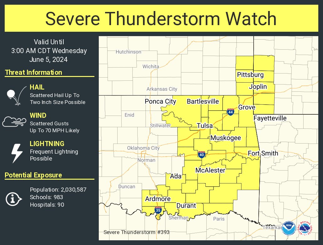NWStulsa's tweet image. A severe thunderstorm watch has been issued for parts of Kansas, Missouri and Oklahoma until 3 AM CDT