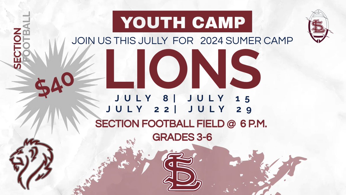 SectionFB1's tweet image. Camp for upcoming 3rd-6th Graders. $40 Covers the cost of all 4 camp dates, camp tee-shirt, and admission to all regular season home games. #HAMMER