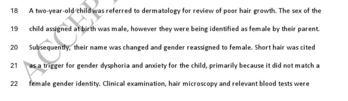 buttonslives's tweet image. A new paper in the journal of the British Association of Dermatologists describes a referral for a 2-year-old male patient whose parent said he was actually female. "Short hair was cited as a trigger for gender dysphoria." academic.oup.com/ced/advance-ar…