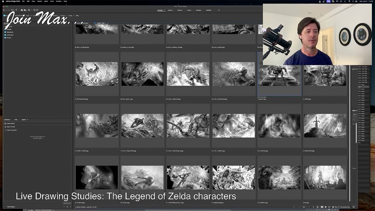 Last one for today : ) sorry for the spammy day 1 Twitter! i mean X...  

Here's me looking at all the roughs in Adobe Bridge.  It's a big quest ahead of us!   Best way to stay updated is to follow me on Twitch but I'll post Work in Progress updates (WIPs) here as I go!