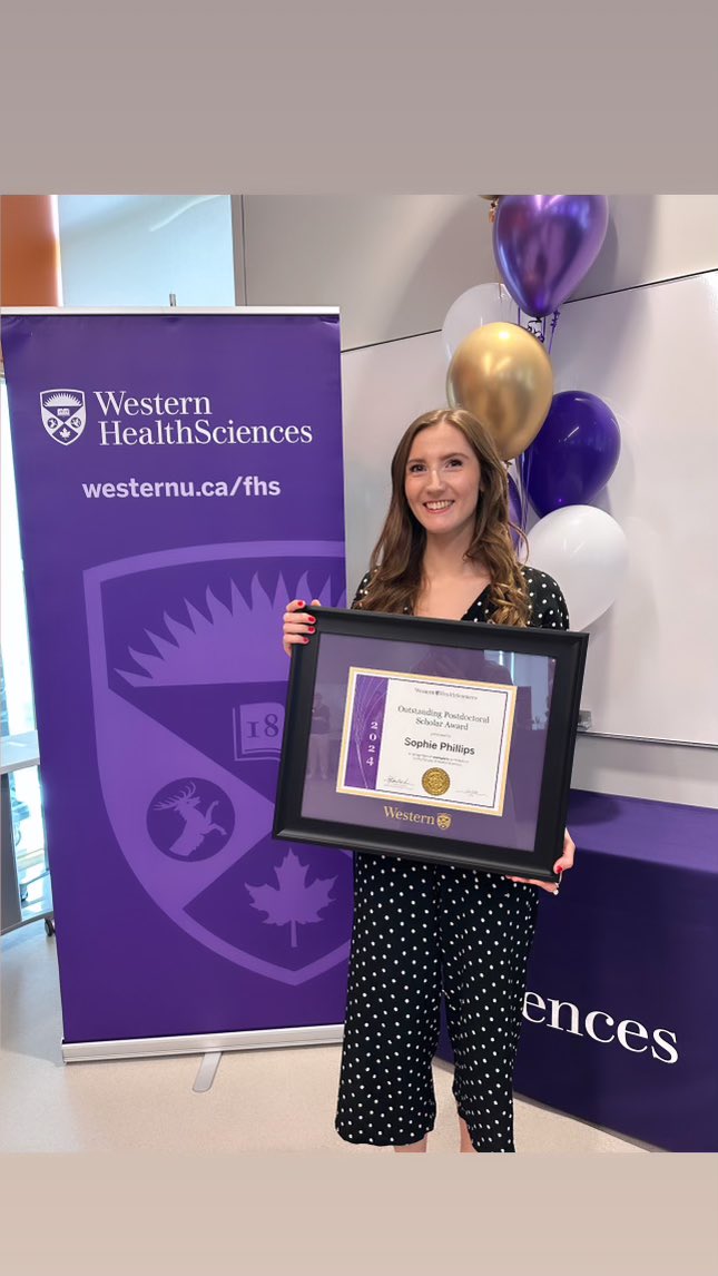 Incredibly proud of <a href="/SophMPhillips/">Sophie Phillips</a> for receiving the first ever <a href="/westernuFHS/">Western Health Sciences</a> Outstanding Postdoctoral Fellow Award!!! 💜🤍