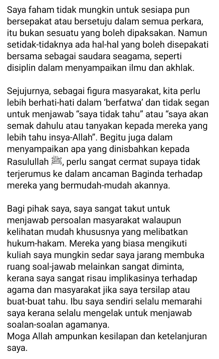 ZacZakirin13's tweet photo. Untuk pengetahuan Cik Mie, Ustaz Don ni sudah berkali-kali diberi nasihat bukan tahun ini sahaja, tapi sejak tahun 2021 lagi. Cerita dia sentiasa bermasalah apabila kisah² merapu tersebut disandarkan pada Rasulullah SAW. Tapi media masih lagi ambil dia sbg "Penceramah".

Anyway, thanks rehatkan dia buat sementara waktu. Selamanya pun lagi molek selagi mana tak insaf.