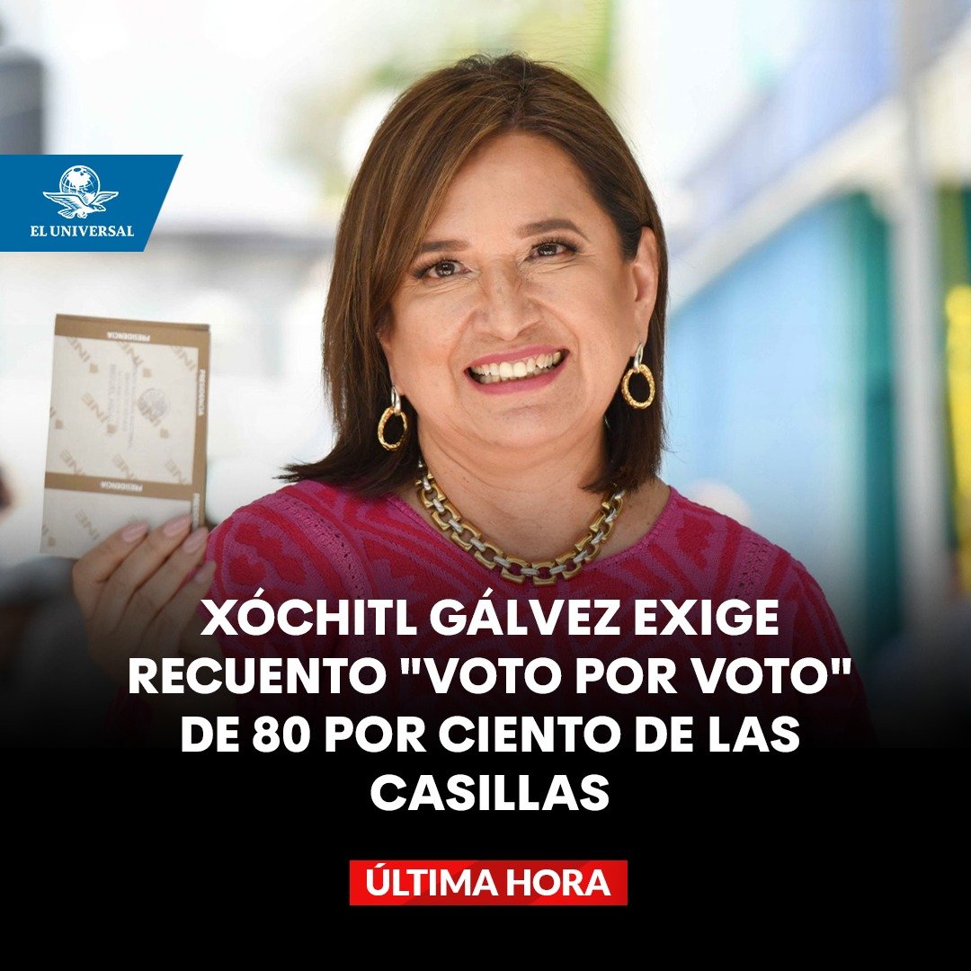 El_Universal_Mx's tweet photo. #ÚLTIMAHORA 🚨 Xóchitl Gálvez explicó que este 5 de junio inician los conteos distritales, por lo que es el momento en el que se revisan todas las actas de los centros de votación del país.
👉 https://t.co/NjWge9oW2c https://t.co/s2c4W1jDly