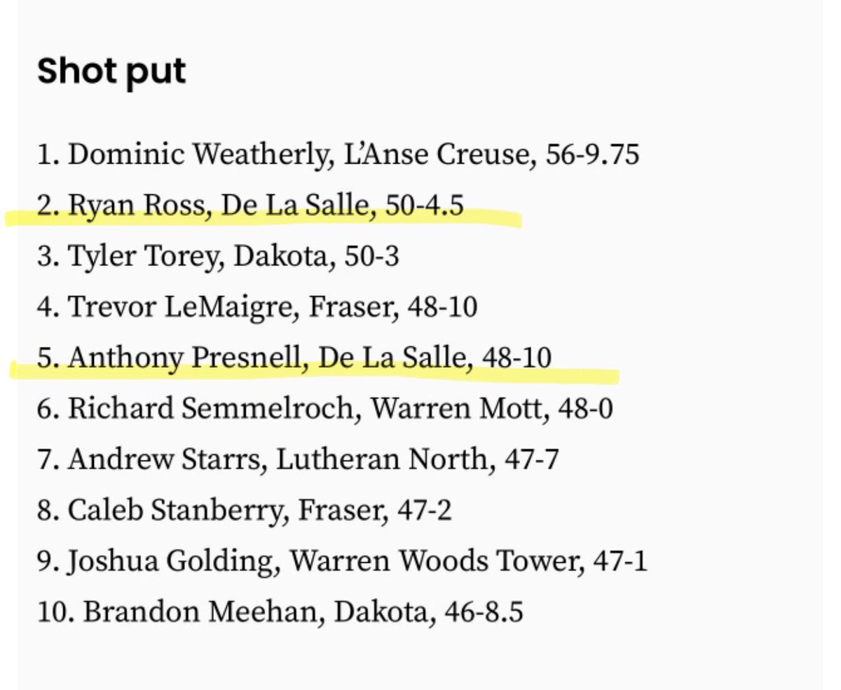 Lisa (@sportsmom24x7) on Twitter photo Super proud of these two young men <a href="/ryanross53_/">Ryan Ross</a> <a href="/AnthonyPresnel2/">Anthony Presnell</a> on being recognized as Macomb County Track & Field Top 10 for shot put. Representing the DeLaSalle Collegiate Track & Field Team. Excellent job putting in hard work all season!! <a href="/DlsThrowers/">DLSThrowers</a> <a href="/DLSPilots/">De La Salle Collegiate Athletics</a> Super proud of these two young men <a href="/ryanross53_/">Ryan Ross</a> <a href="/AnthonyPresnel2/">Anthony Presnell</a> on being recognized as Macomb County Track & Field Top 10 for shot put. Representing the DeLaSalle Collegiate Track & Field Team. Excellent job putting in hard work all season!! <a href="/DlsThrowers/">DLSThrowers</a> <a href="/DLSPilots/">De La Salle Collegiate Athletics</a>
