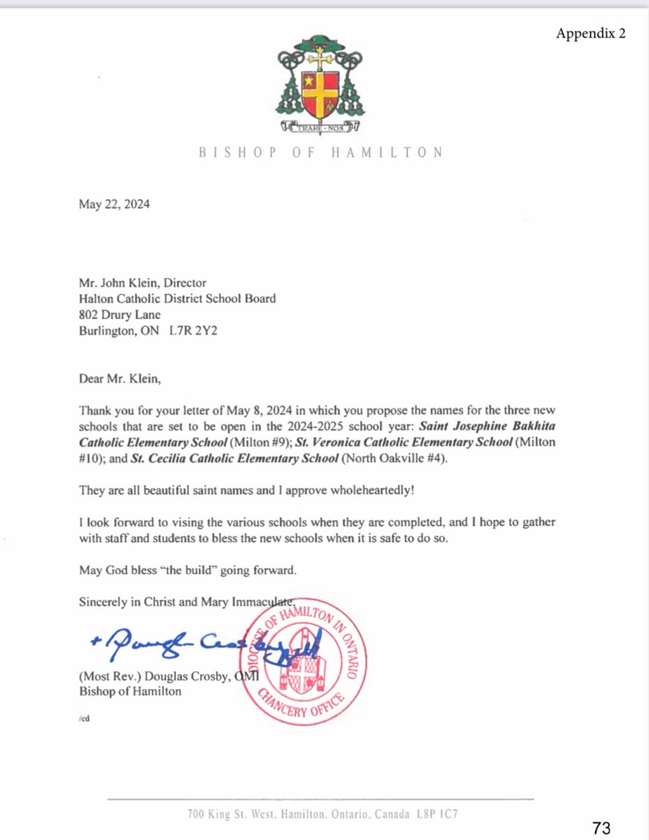 Excited to share that after receiving the full support of His Excellency <a href="/Bishop_Crosby/">Bishop Crosby, OMI</a> , the Trustees of the <a href="/HCDSB/">Halton Catholic DSB</a> approved St. Cecilia Catholic Elementary School as the new name.