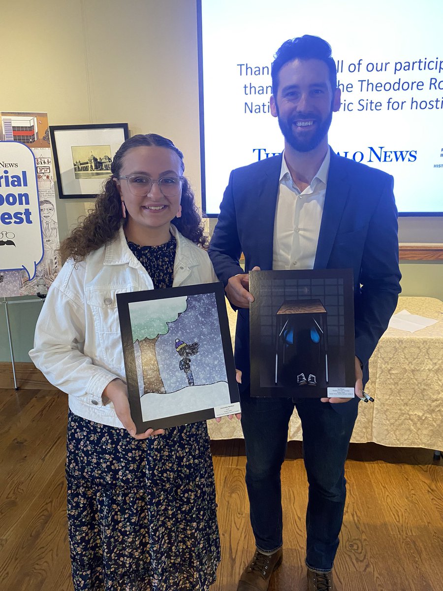 shmsArtDept's tweet photo. Congratulations to 8th grade artist Grace Lysek who was honored by Adam Zyglis at a reception tonight hosted by the Buffalo News for winning 1st Place & Honorable Mention awards in this year’s Buffalo News Editorial Cartoon Contest. So proud of her @PrincipalDauria @MikeGinestre https://t.co/Id0jMvAUEa