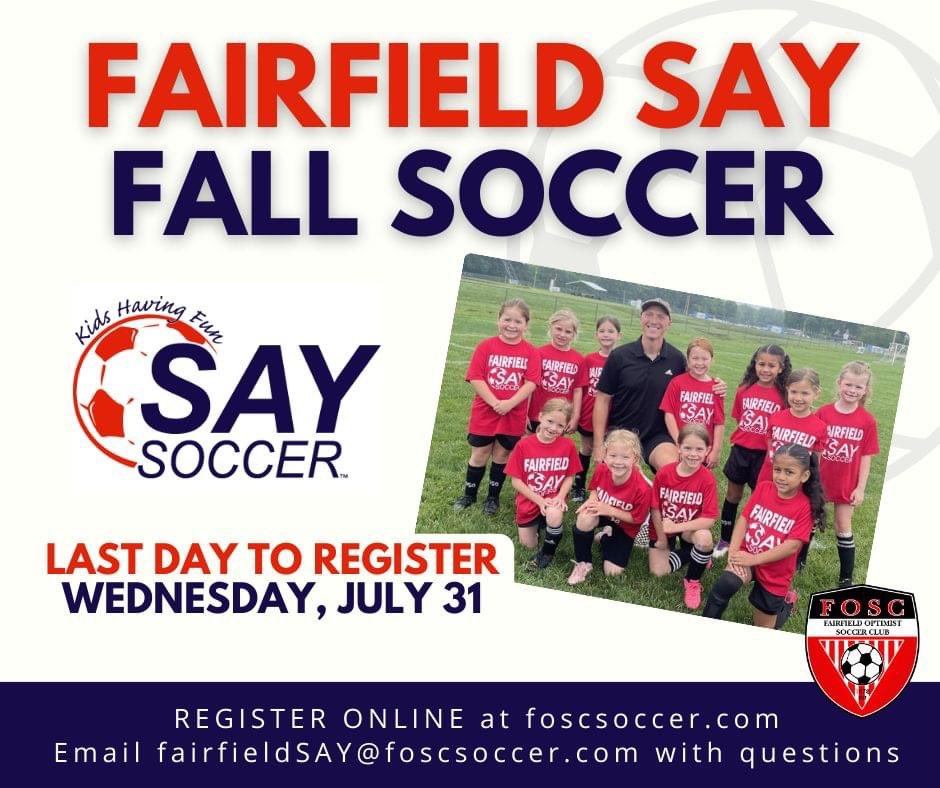 Know someone who would like to be introduced to soccer? Registration is NOW OPEN for our recreational program, Fairfield SAY Soccer! Join a program with years of history teaching the beautiful game to the youngest of players.

Register by July 31 at foscsoccer.com.