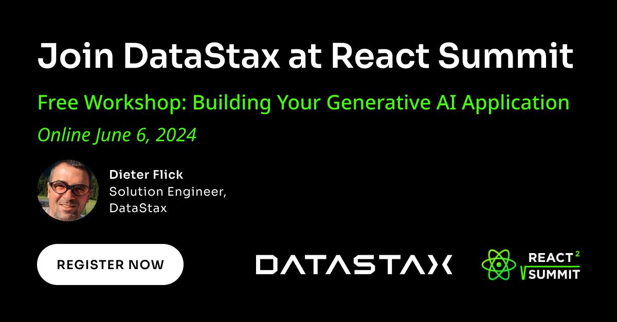 javaamtho's tweet image. Join DataStax at @ReactSummit Amsterdam! 🎉  
Visit us at booth G10 or join the virtual workshop with Dieter Flick on June 6th, ""Building your Generative AI application"". 🛠️✨ 
ow.ly/BvmS50S9bwk

#DataStax #ReactSummit #GenAI