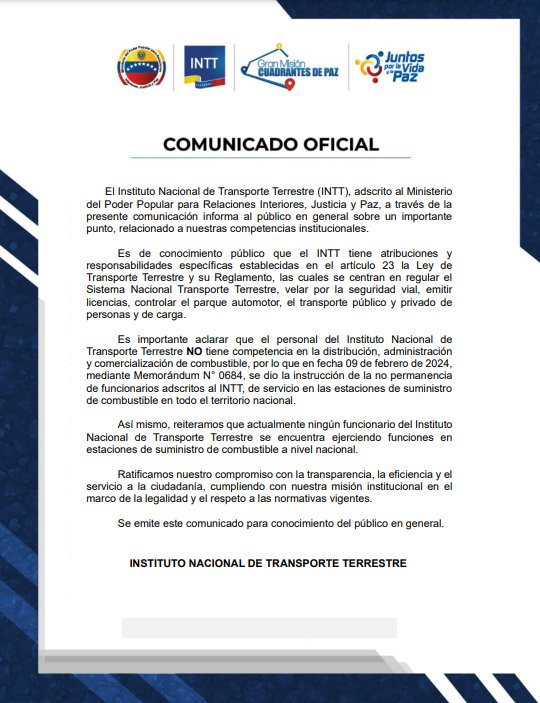 Comunicado oficial del Instituto Nacional de Transporte Terrestre.
¡Conciencia Vial por la Vida y la Paz!
#12Mar 
#SomosCompromisoPatrio