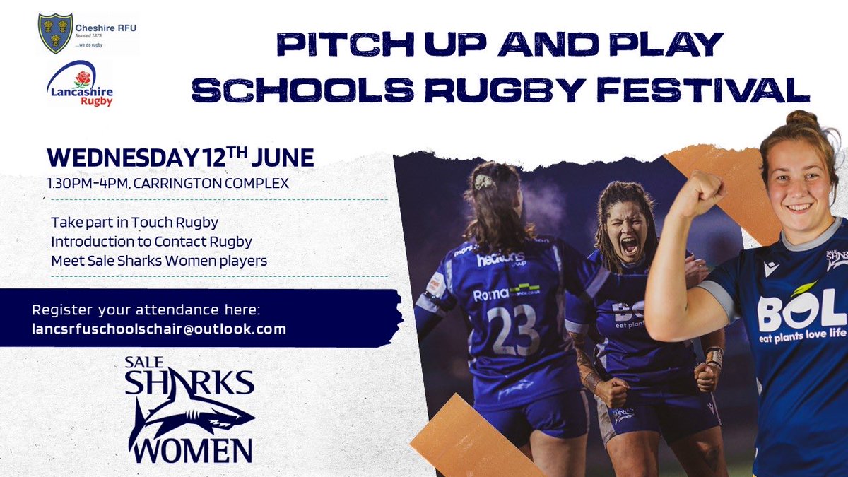 One week to go before our mega ⁦@lancashirerugby⁩ girls festival in association with ⁦<a href="/SaleSharksFdn/">Sale Sharks Foundation</a>⁩ and ⁦⁦<a href="/CheshireRugby/">CheshireRugbyDev</a>⁩🥳 get you school signed up today🏉
