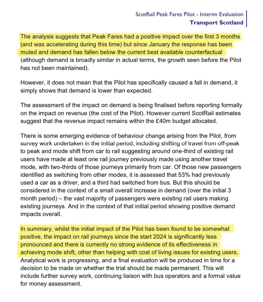 staylorish's tweet photo. Transport Scotland yesterday published its interim evaluation report on the scrapping of ScotRail peak fares.

Rail journeys are *down*.

In other words: fewer people are using the train, and those lucky few are paying less for their journeys. But everyone else is paying more… https://t.co/qtx7IeGyUL