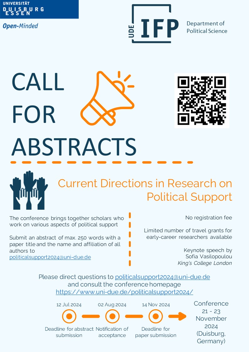 📢CfA: Conference Current Directions in Research on Political Support
🗓️21-23 November 2024
📍 University of Duisburg-Essen, Germany <a href="/unidue/">Uni Duisburg-Essen @unidue.bsky.social</a> <a href="/ifp_ude/">Institut für Politikwissenschaft</a> <a href="/Emp_Politikwiss/">Empirical Political Science @unidue #Duisburg</a> (w <a href="/HummlerTeresa/">Teresa Hummler</a> <a href="/PVierus/">Paul Vierus</a>)
⏰12 Jul 2024 via politicalsupport2024@uni-due.de 
💡uni-due.de/politicalsuppo…