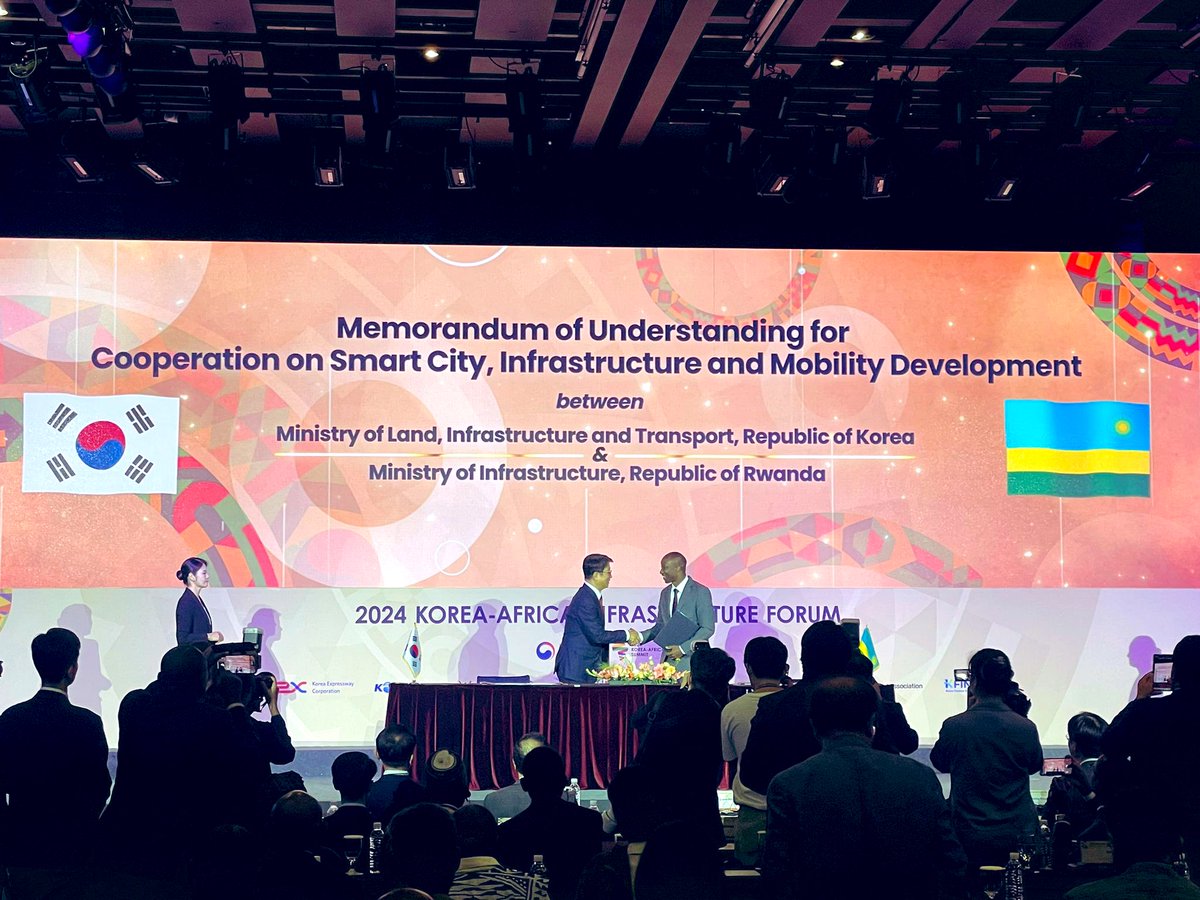 Ministry of Infrastructure | Rwanda (@rwandainfra) on Twitter photo This morning at the Korea-Africa Infrastructure Forum, <a href="/Dr_JimmyGasore/">Dr.Jimmy Gasore</a> , Minister of Infrastructure for Rwanda, and his counterpart Mr. Park Sang Woo, Minister in the Republic of Korea, signed an MOU to foster cooperation on smart city, infrastructure, and mobility development. This morning at the Korea-Africa Infrastructure Forum, <a href="/Dr_JimmyGasore/">Dr.Jimmy Gasore</a> , Minister of Infrastructure for Rwanda, and his counterpart Mr. Park Sang Woo, Minister in the Republic of Korea, signed an MOU to foster cooperation on smart city, infrastructure, and mobility development.