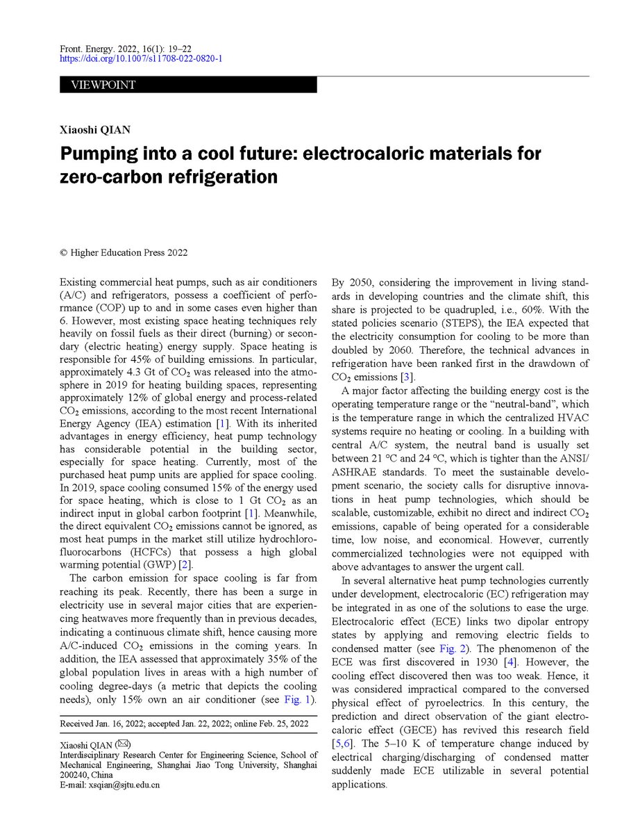 SciencNews's tweet photo. The VIEWPOINT from @XiaoshiQ showcases the advantages of #electrocaloric #refrigeration #technology as a low-carbon alternative, discusses its current challenges, and predicts wide application.
@FIE_Journal #Science #News #heatPump #LowCarbon #CO2
🔗https://t.co/n046iv1VUf https://t.co/5xoxgRs0Dc