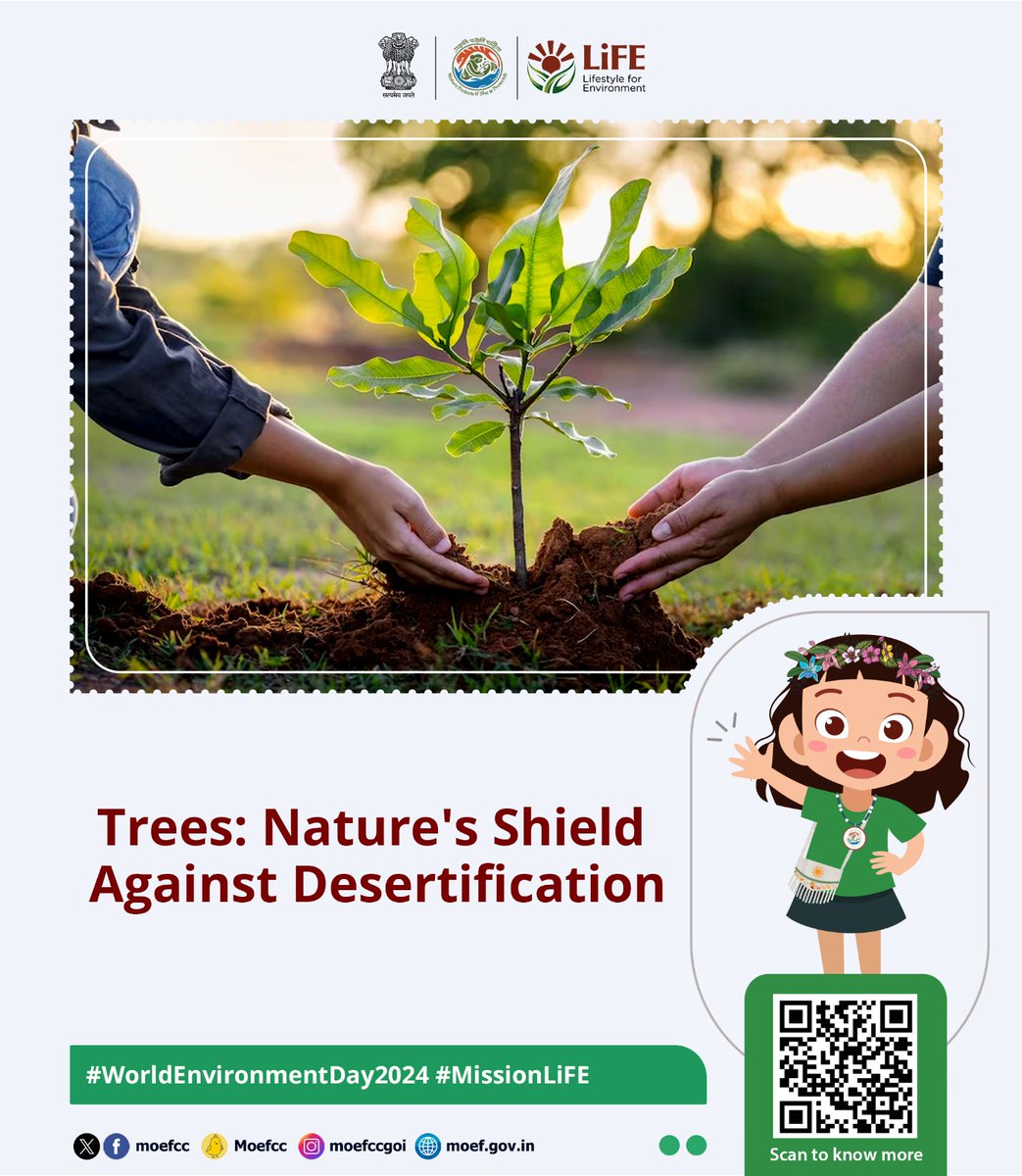 Trees combat desertification by stabilizing soil, retaining moisture, reducing erosion, providing shade, and promoting biodiversity. Plant trees to protect our land and secure a sustainable future. #MissionLiFE #WED2024 #Plant4Mother @SCRailwayIndia @RailMinIndia