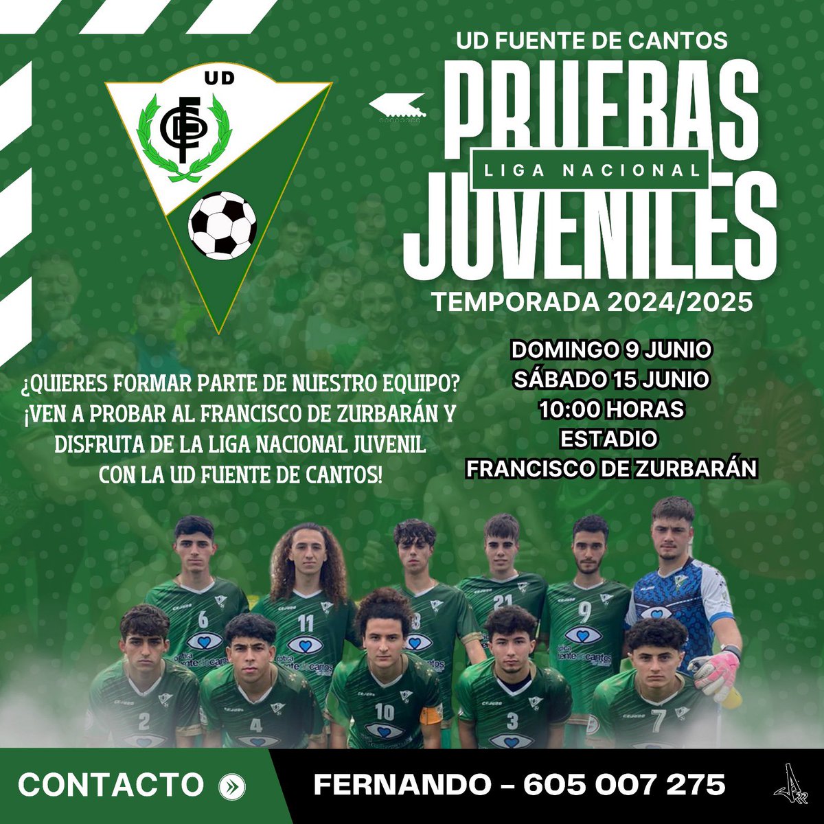 🔊🔊¡ATENCIÓN!

⚪️ Anunciamos la convocatoria de captación de #juveniles para esta temporada para la UD Fuente de Cantos.

No pierdas esta oportunidad de unirte a un proyecto ganador y disfruta de la #liganacional 

Tenemos dos convocatorias este domingo 9 y sábado 15.

Háblanos!