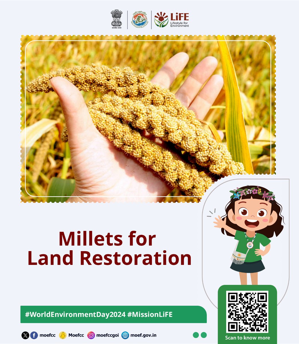 This World Environment Day, let's restore our lands with millets. These resilient crops enrich soil health, reduce erosion, support biodiversity and promote sustainable farming. #MissionLife #WED2024 @SCRailwayIndia @RailMinIndia