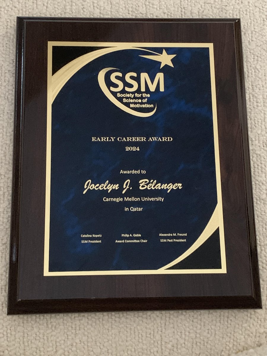 JocelynBelanger's tweet photo. Honored to receive the Early Career Award from the Society for the Science of Motivation! This fuels my (obsessive) passion for exploring human behavior. Huge thanks to my friends and mentors. Onward to new discoveries! 🌟 #SSM #Psychology #MotivationScience #CMUQ https://t.co/W2dSKtSCty
