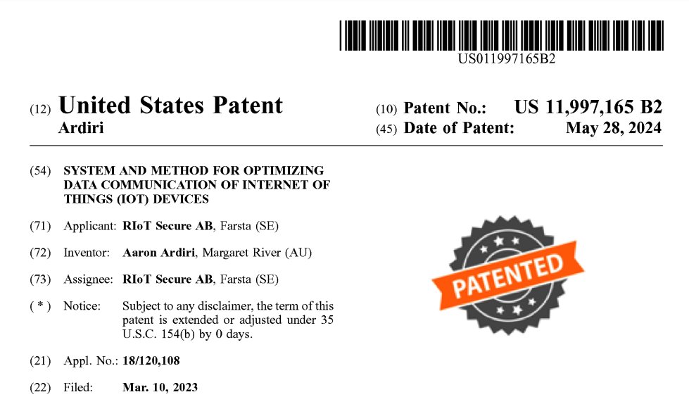 riotsecure's tweet photo. https://t.co/qfOQDpR0FJ

RIoT Secure granted (May 28 2024) US patent 11,997,165 B2 address optimizing how IoT devices transmit data over a network, enhancing borth performance and reliability. 

#lifecycle #management #security #iotsecurity #internetofthings #riotsecure #patent https://t.co/ObmoVROTni