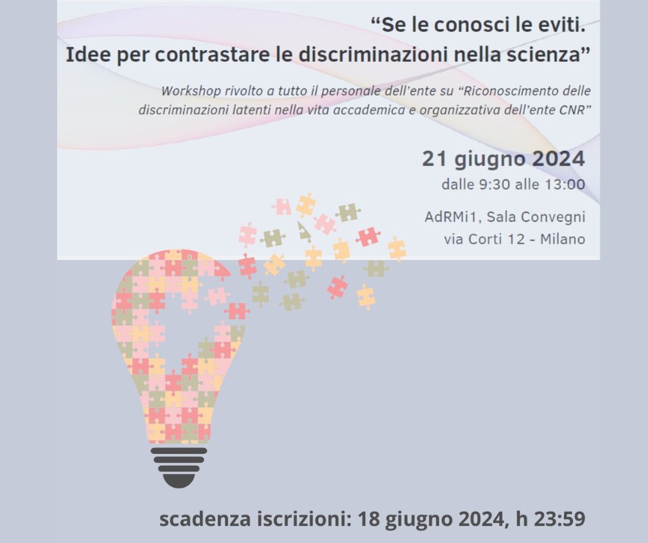 cnr_icmate's tweet photo. Workshop sul riconoscimento delle discriminazioni latenti nella vita accademica e organizzativa del CNR. Dedicato ai lavoratori e alle lavoratrici dell'Ente.
Interverranno tre formatrici @mindthegeps_eu : @MelanieTimpel , Luisa Neri, Martina Mattiazzi
Evento in PRESENZA. https://t.co/EGZ7NbFEUY